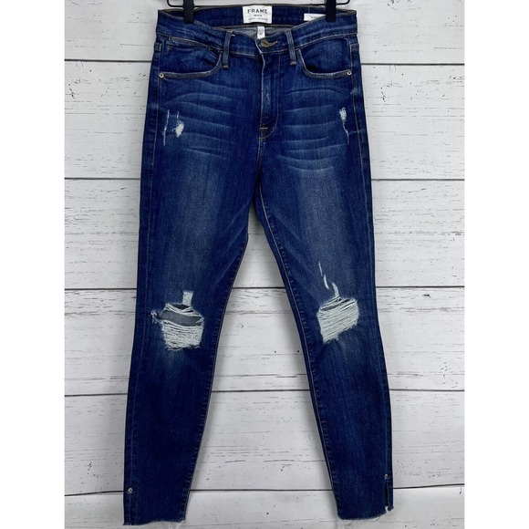 Frame Jeans 27 Le High Skinny Ankle Slit Dark Wash Denim Distressed High Rise - Picture 2 of 16